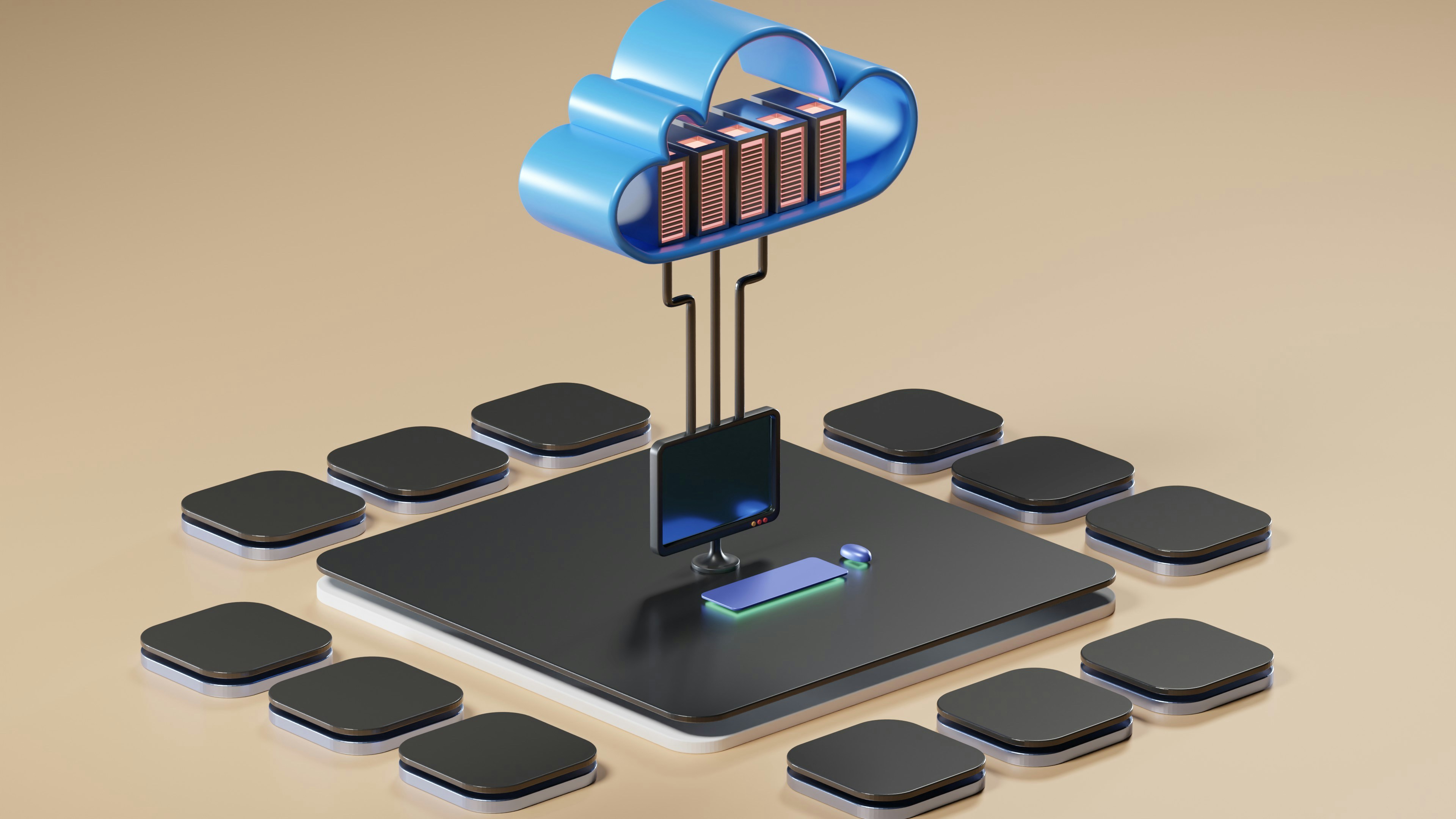 3D rendered cloud computing concept representing multiple deployment platforms and hosting options