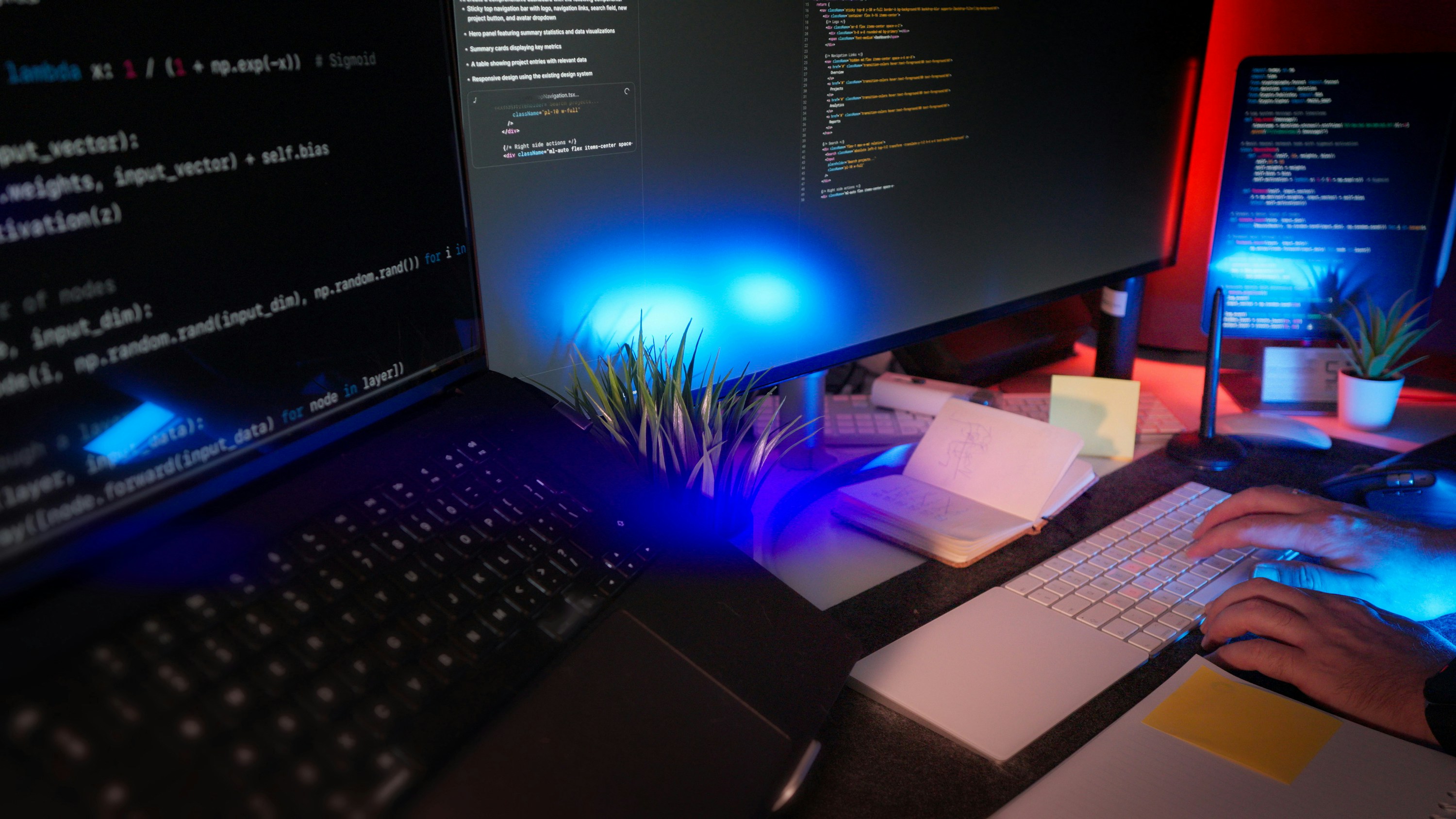 Developer workspace with multiple monitors showing code, representing the ideal setup for technical note-taking and productivity
